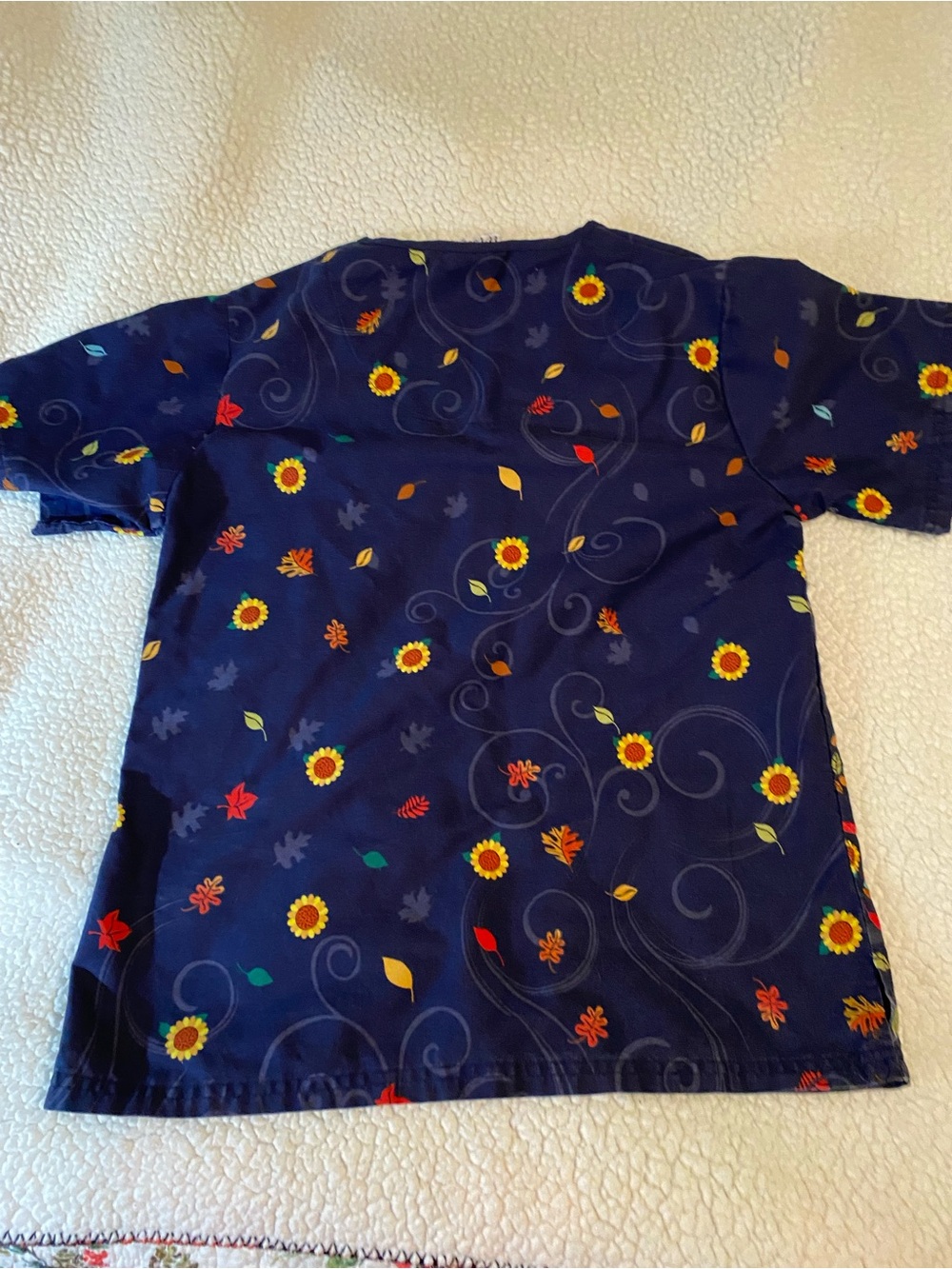UA Scrubs Navy Top with Autumn Floral and Pumpkin Motif size small - Picture 8 of 9